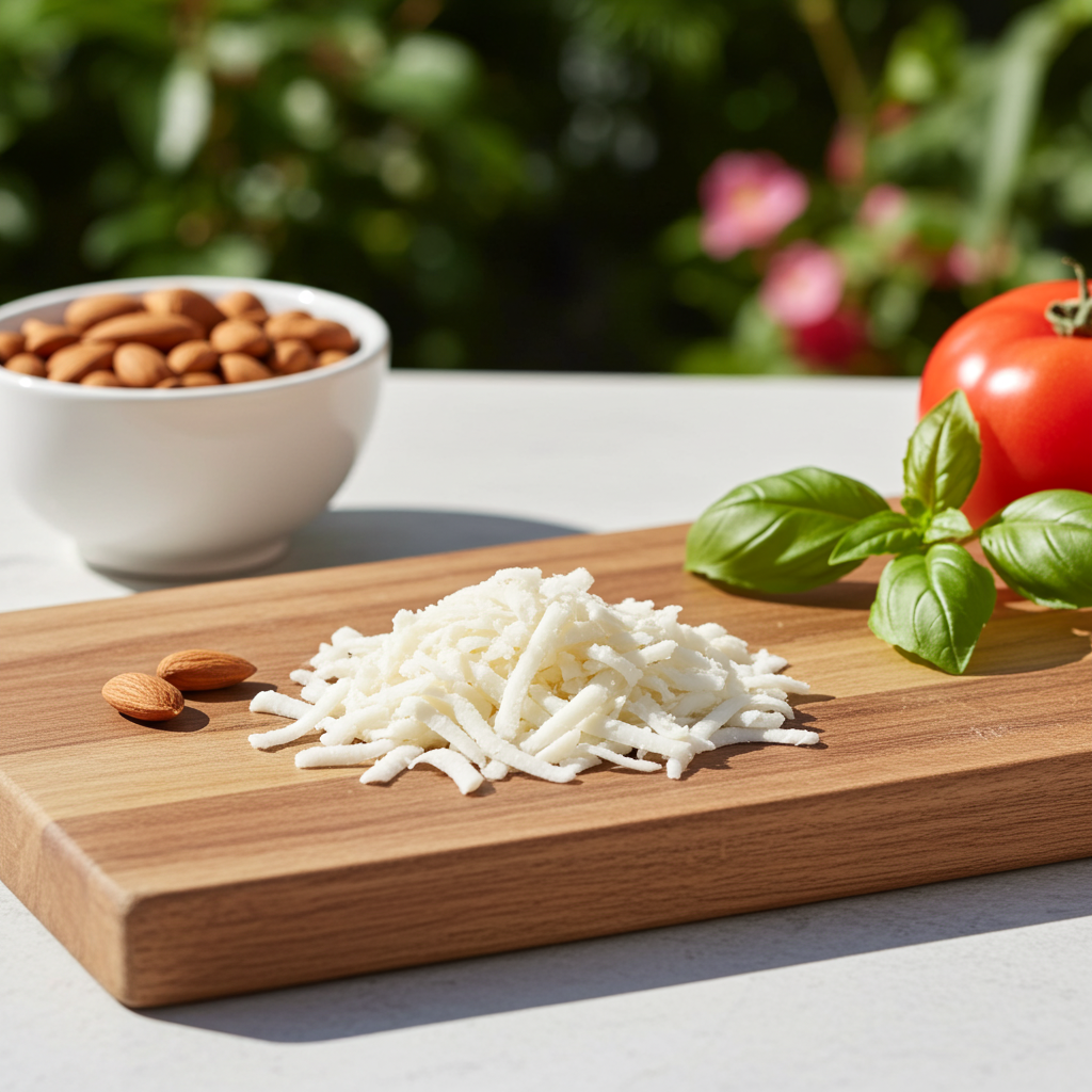 Wooden cutting board with shredded cheese, almonds, and basil leaves on a light surface with a blurred natural background.