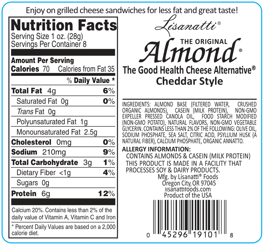 Nutrition label for Lisanatti Almond Cheddar Style cheese alternative.