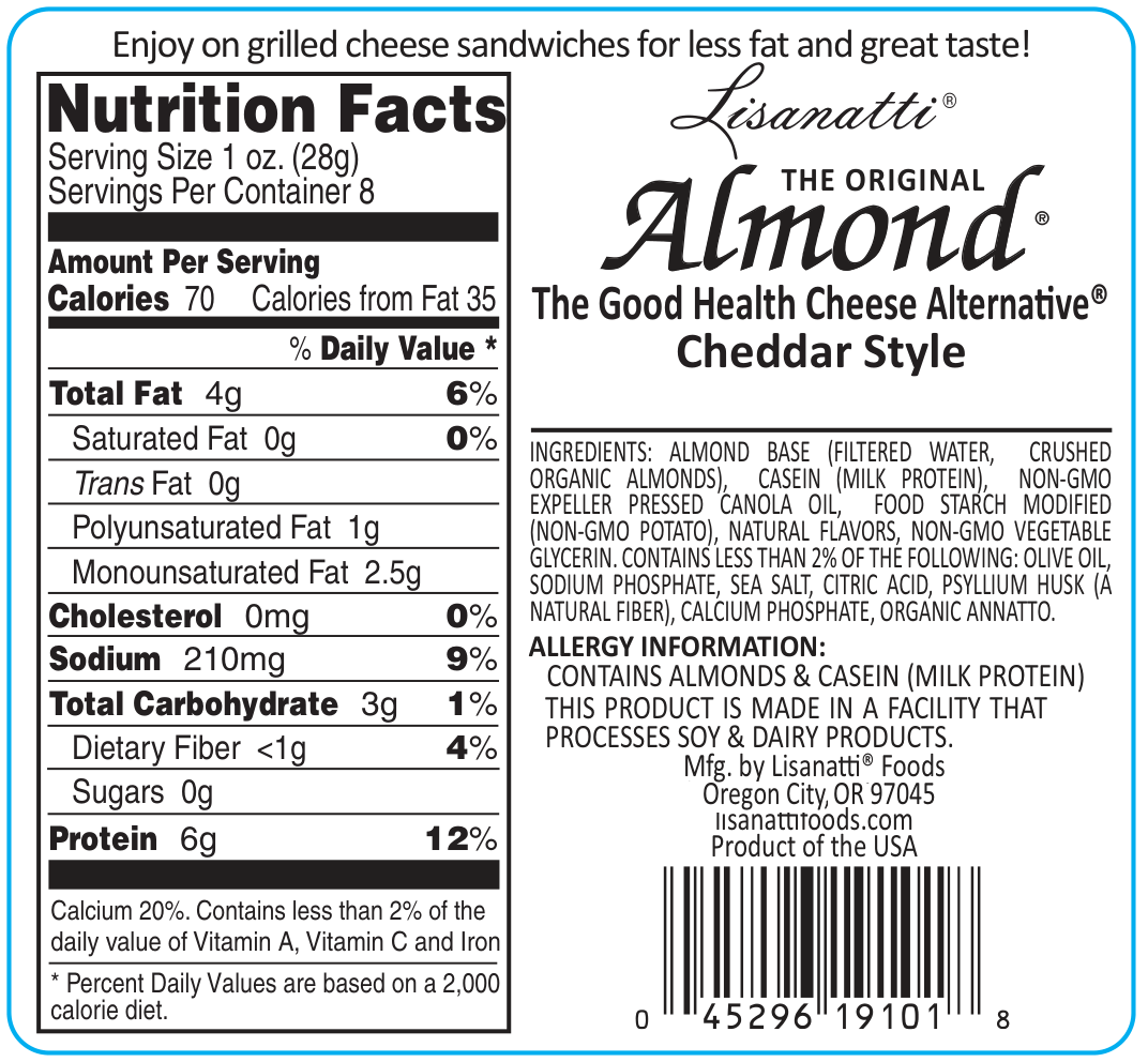 Nutrition label for Lisanatti Almond Cheddar Style cheese alternative.