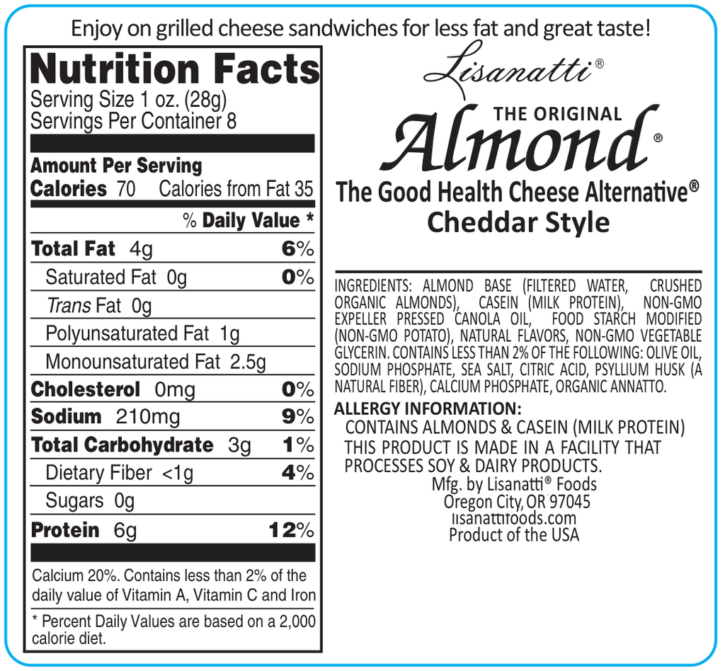 Nutrition label for Lisanatti Almond Cheddar Style cheese alternative.