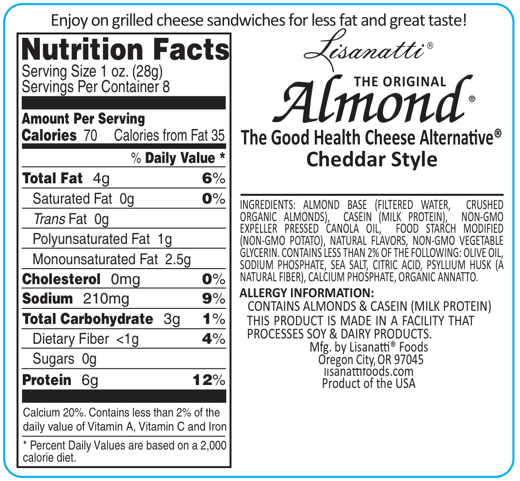 Nutrition label for Lisanatti Almond Cheddar Style cheese alternative.