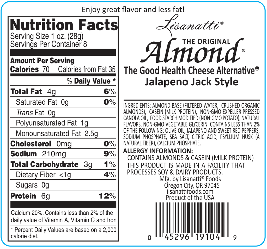 Nutrition label for Lisanatti Almond Cheese in Jalapeno Jack style with ingredients and allergen information.