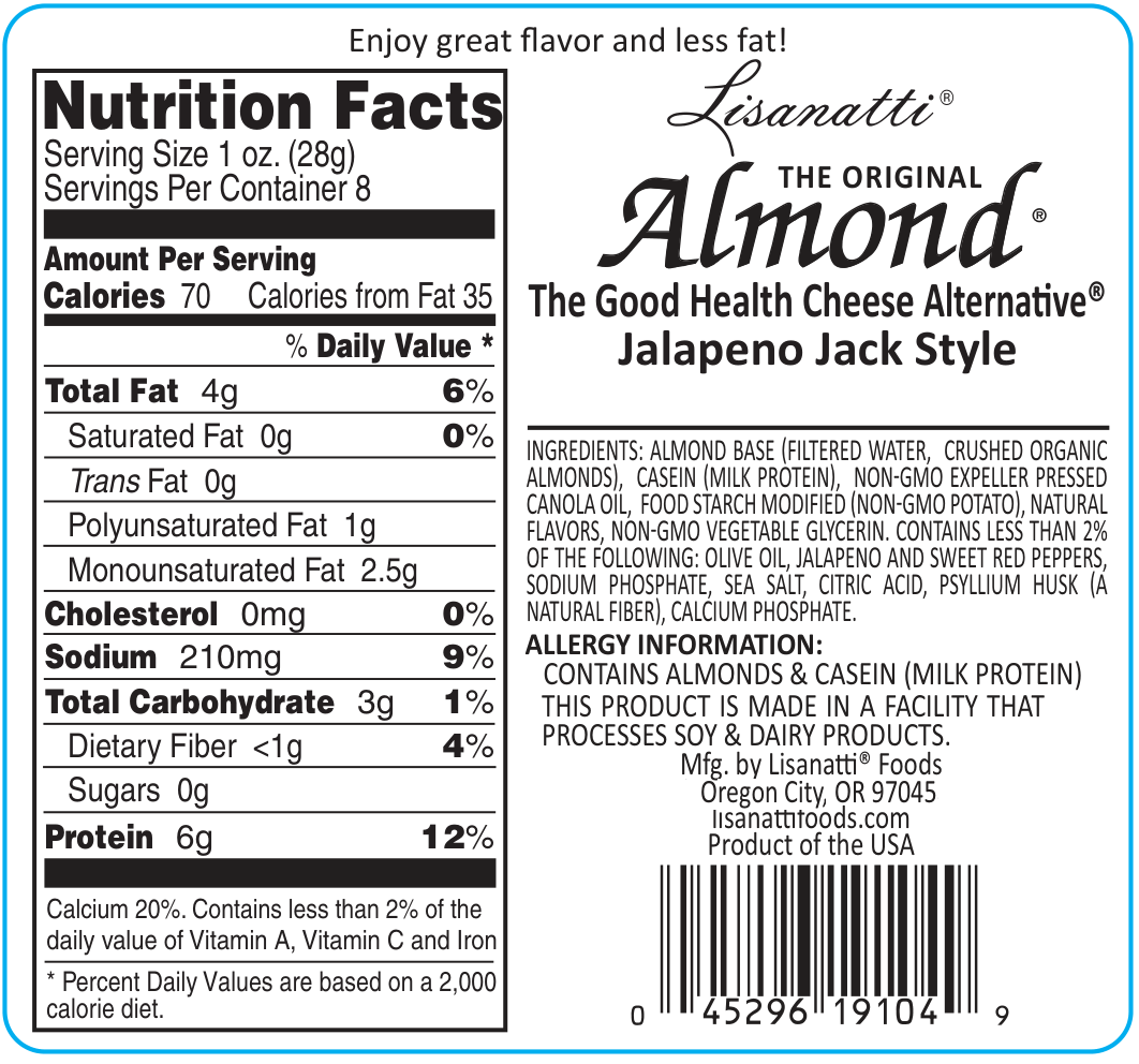 Nutrition label for Lisanatti Almond Cheese in Jalapeno Jack style with ingredients and allergen information.