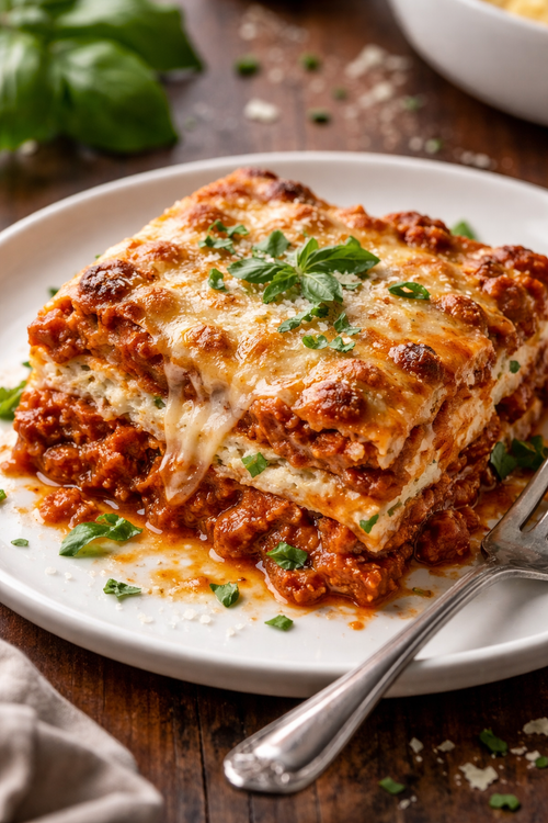 Slice of Almond Mozzarella lasagna on a white plate with a fork, basil leaves, and a wooden background.