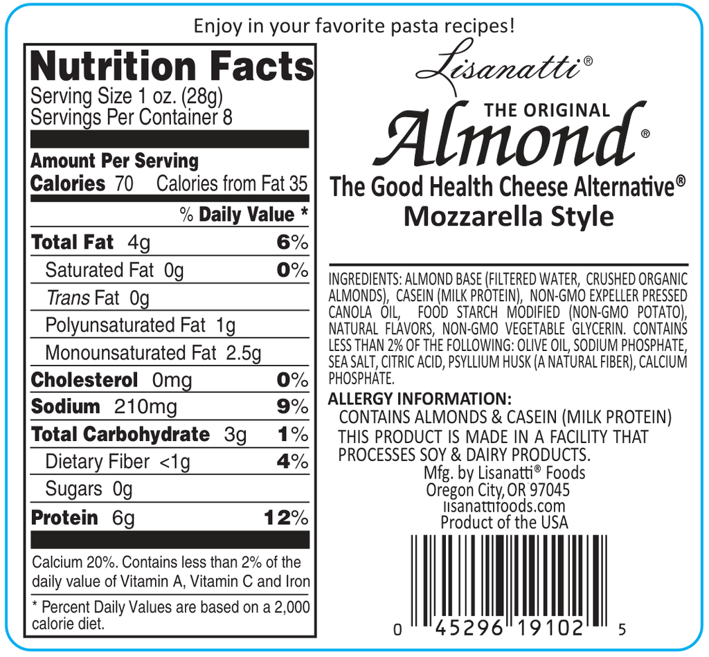 Nutrition label for Lisanatti Almond Mozzarella Style cheese alternative