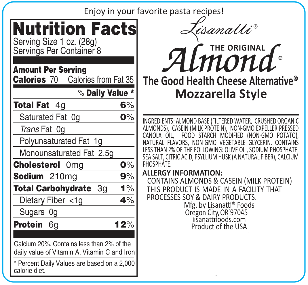 Nutrition label for Lisanatti Almond Mozzarella Style cheese alternative