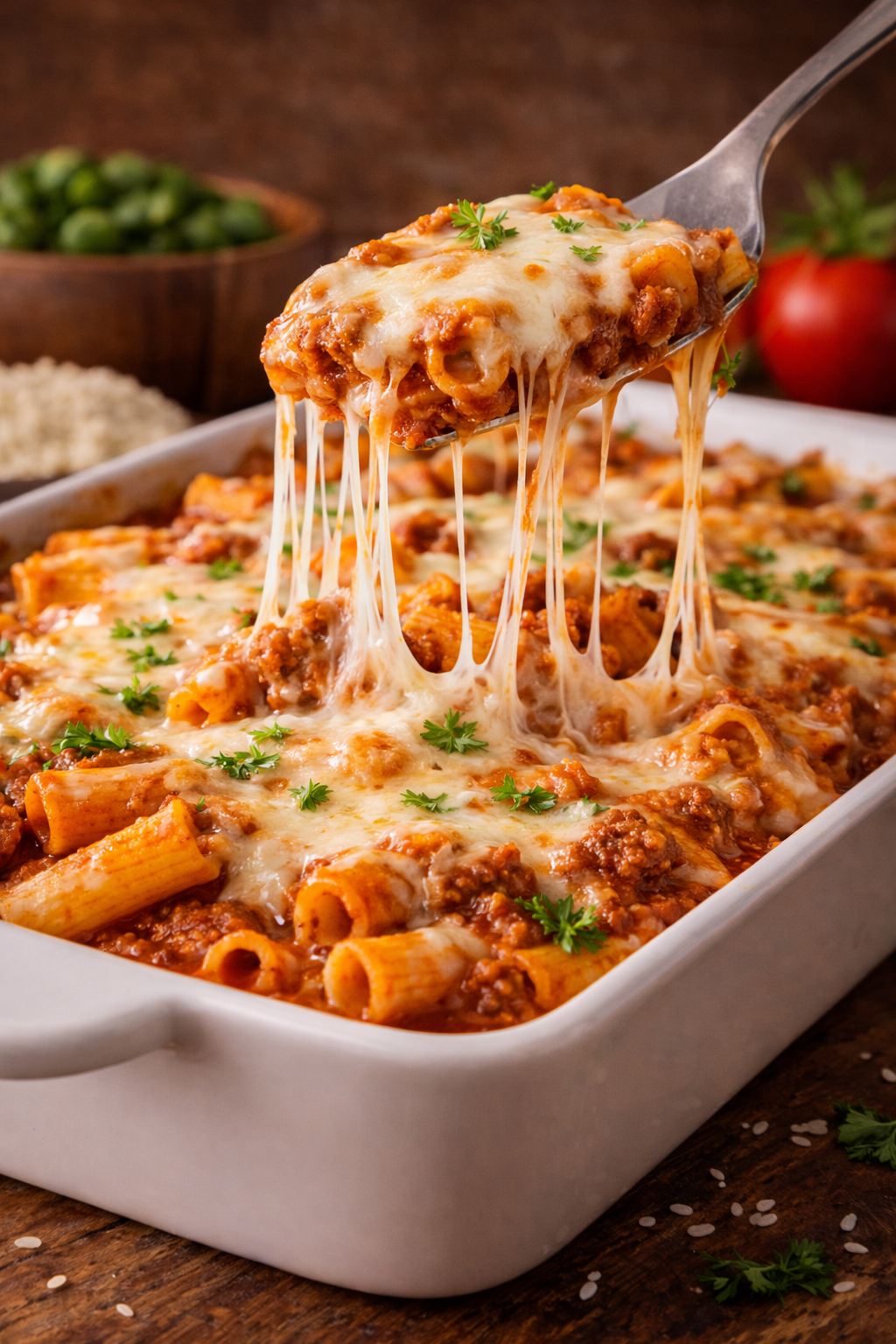 Baked pasta dish with almond cheese being lifted by a fork, set on a rustic wooden table with fresh vegetables in background.