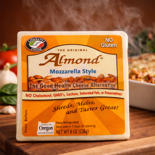 Almond cheese alternative package on a wooden surface with a warm casserole in background.