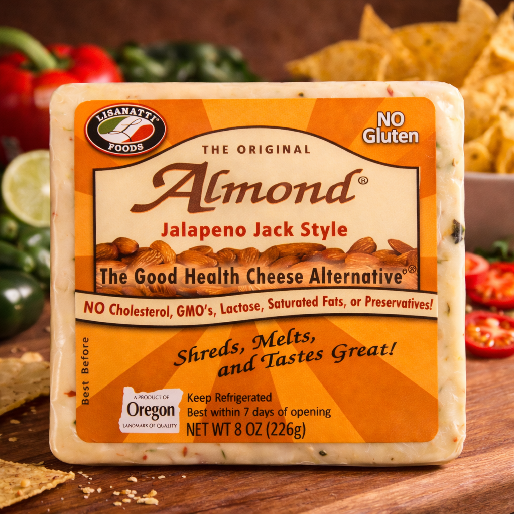 Almond Jalapeno Jack Style cheese alternative packaging on a wooden surface with ingredients in the background.
