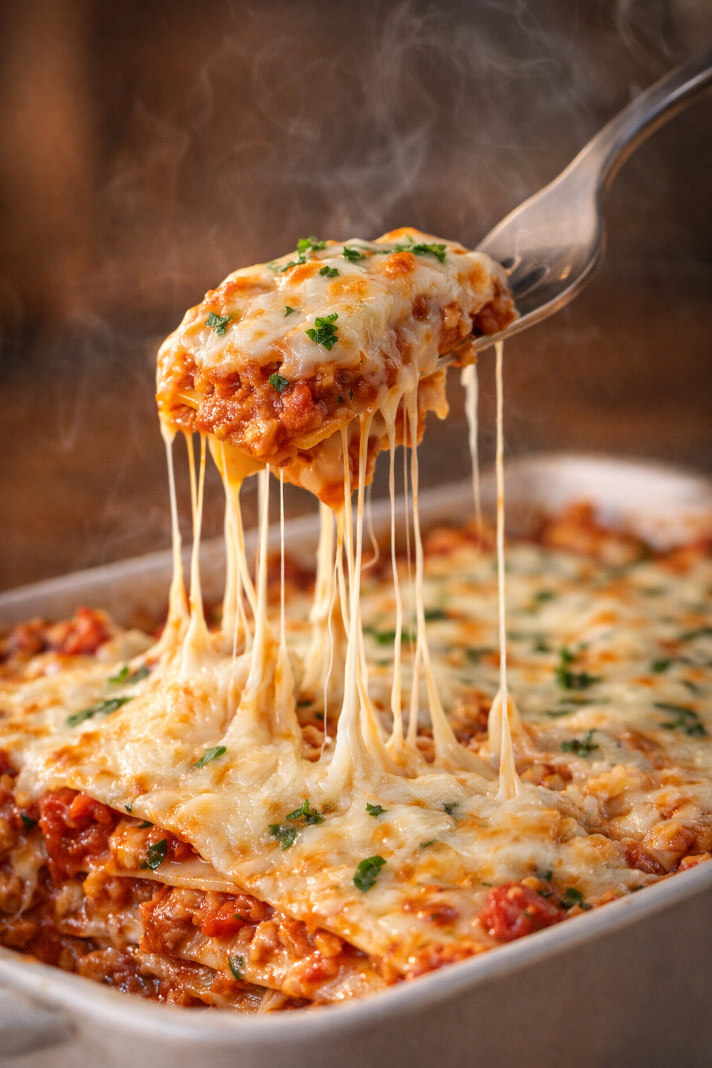 Baked lasagna with melted almond cheese being lifted with a fork, steam rising.