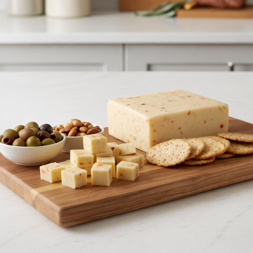 Wooden cutting board with Almond Jalapeno Jack cheese, crackers, and olives on a kitchen counter.