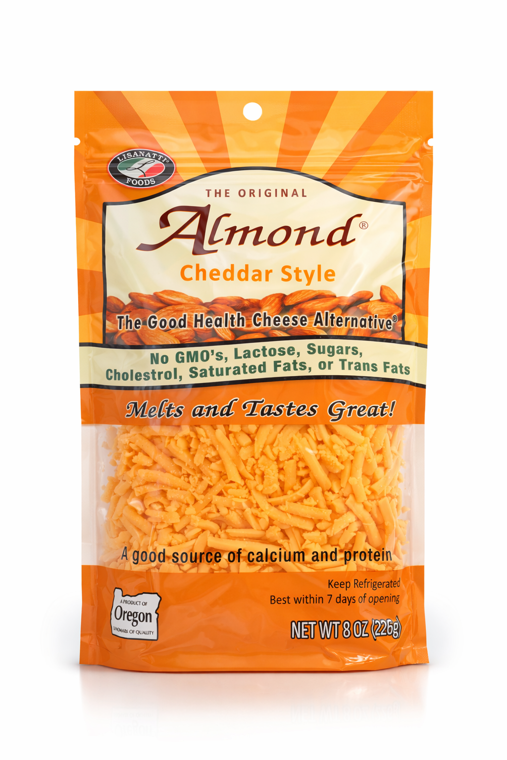 Package of Almond Cheddar Style cheese alternative on a white background