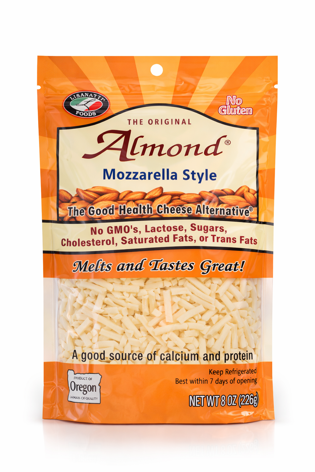 Almond mozzarella style cheese alternative package with zipper closure, with orange and white design.