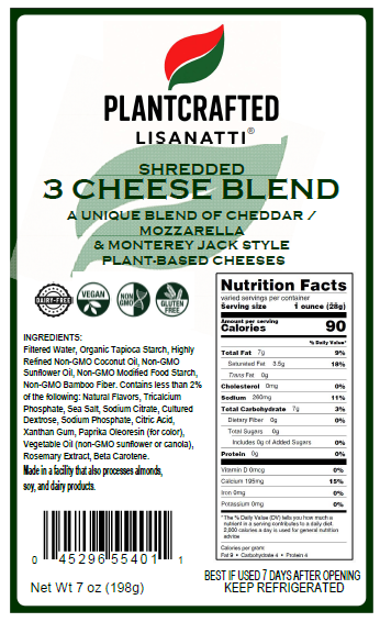 Plantcrafted Lisanatti shredded vegan 3 cheese blend label with nutritional information and ingredients.