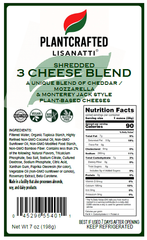 Plantcrafted Lisanatti shredded vegan 3 cheese blend label with nutritional information and ingredients.