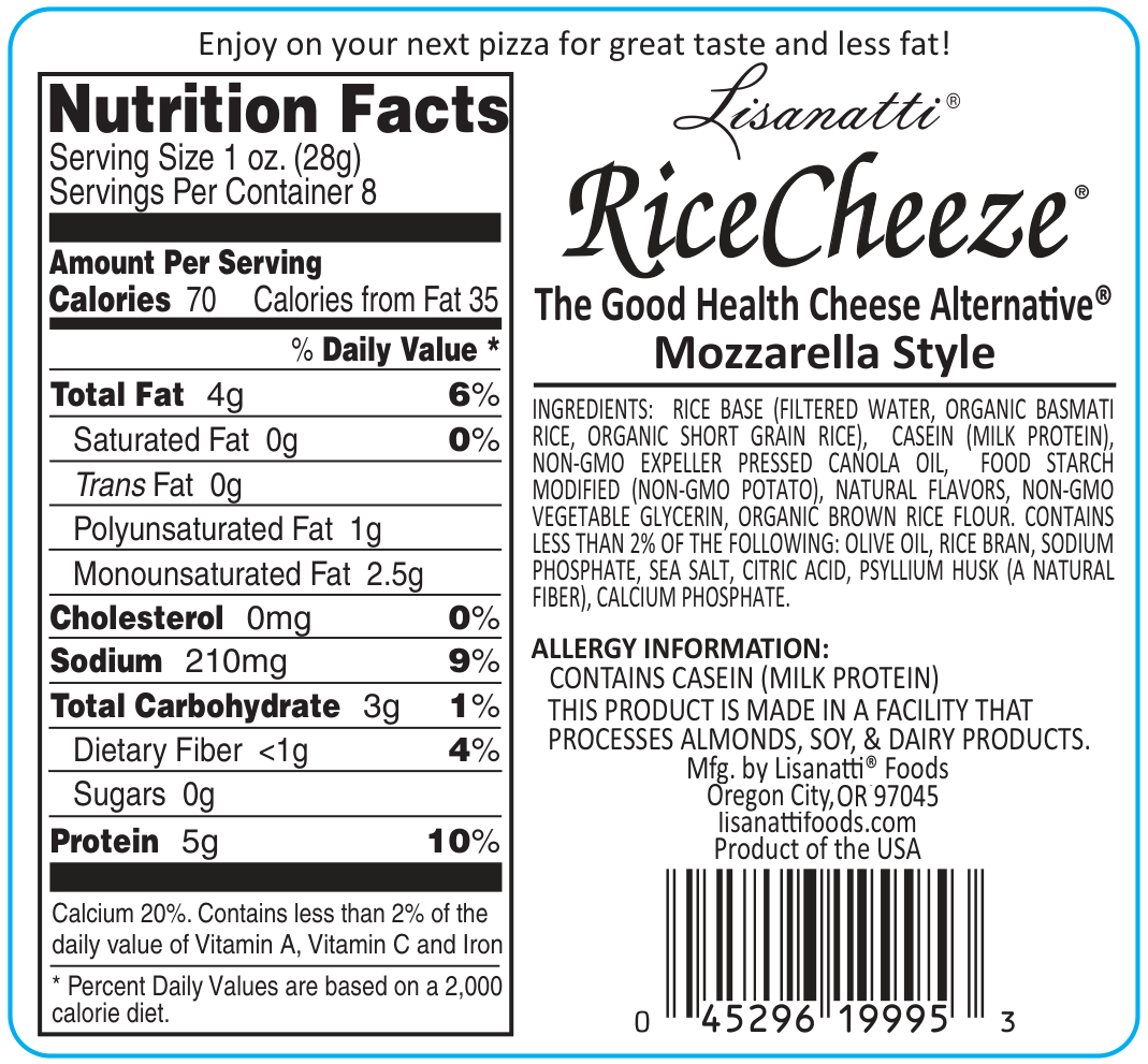 Nutrition label for Lisanatti RiceCheeze Mozzarella Style cheese alternative